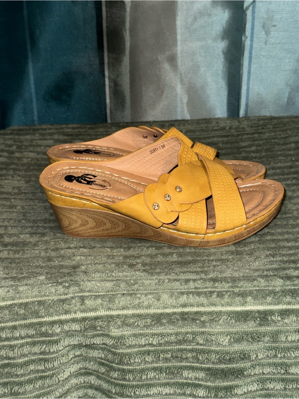 Women's Yellow Wedge Slide Sandals with Decorative Buckle